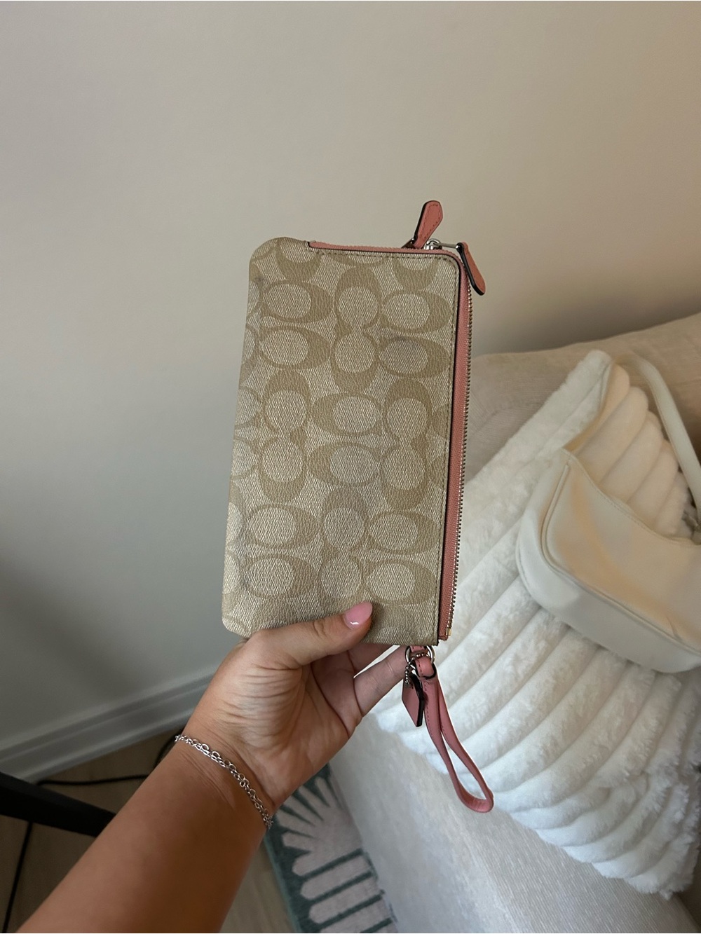 Coach Beige Signature Wristlet with Pink Leather Tag